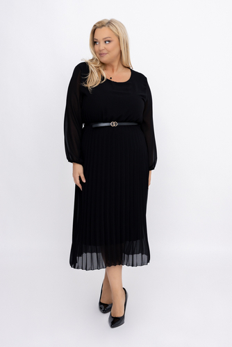 Black Pleated Chiffon Dress with Belt