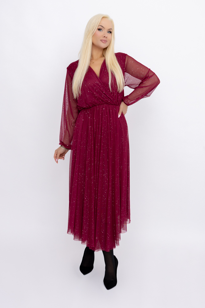 Bordowa błyszcząca Sukienka siateczkowa