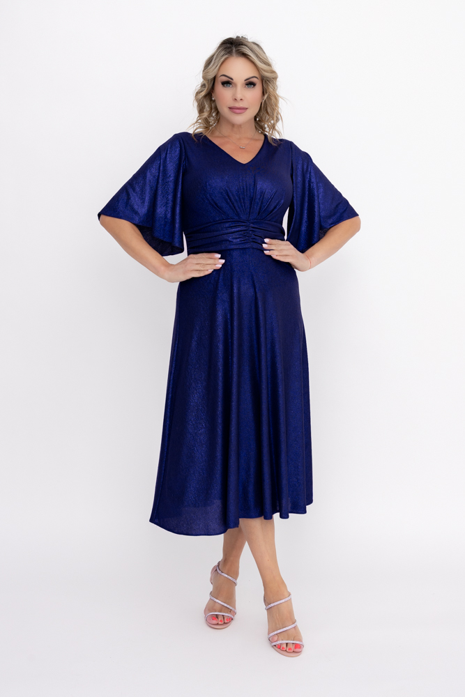 Vestido de purpurina azul marino con detalles arrugados