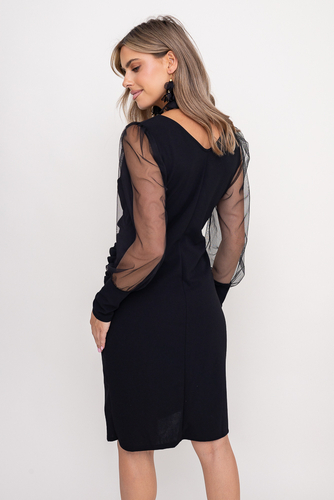  Czarna Sukienka z prześwitującymi rękawami CELLIN