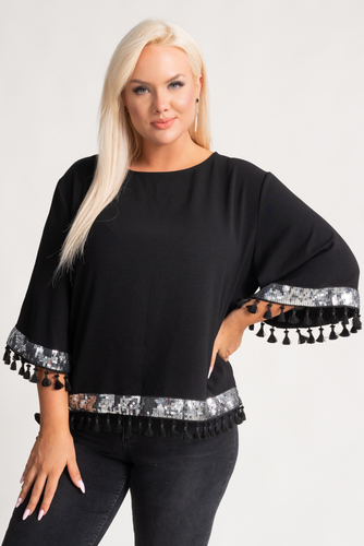Blusa negra y plateada con flecos