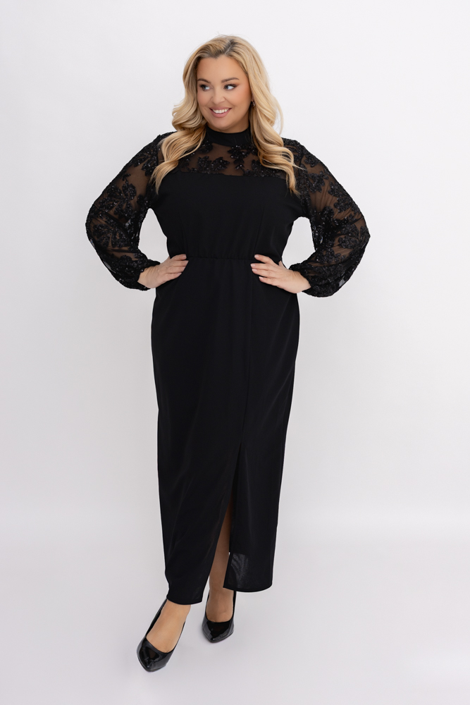 Czarna Sukienka z cekinowymi rękawami