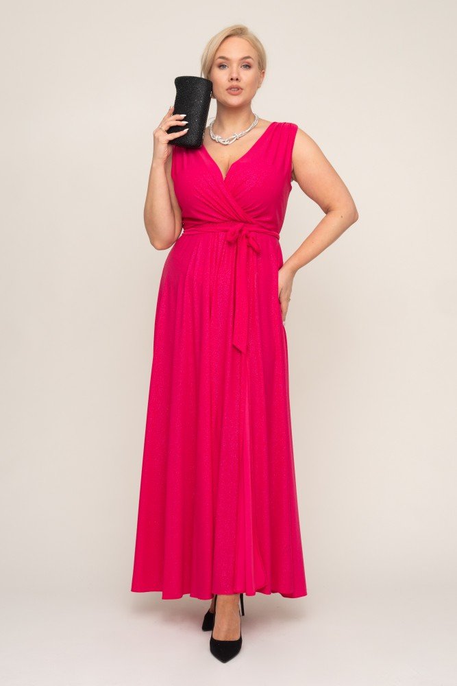 Maxi vestido brocado fucsia con abertura y lazos
