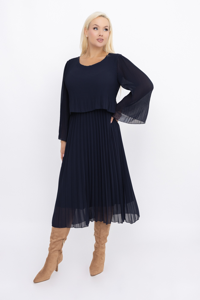 Navy blue pleated chiffon dress