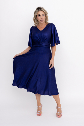 Rochie cu sclipici albastru marin cu detalii încrețite