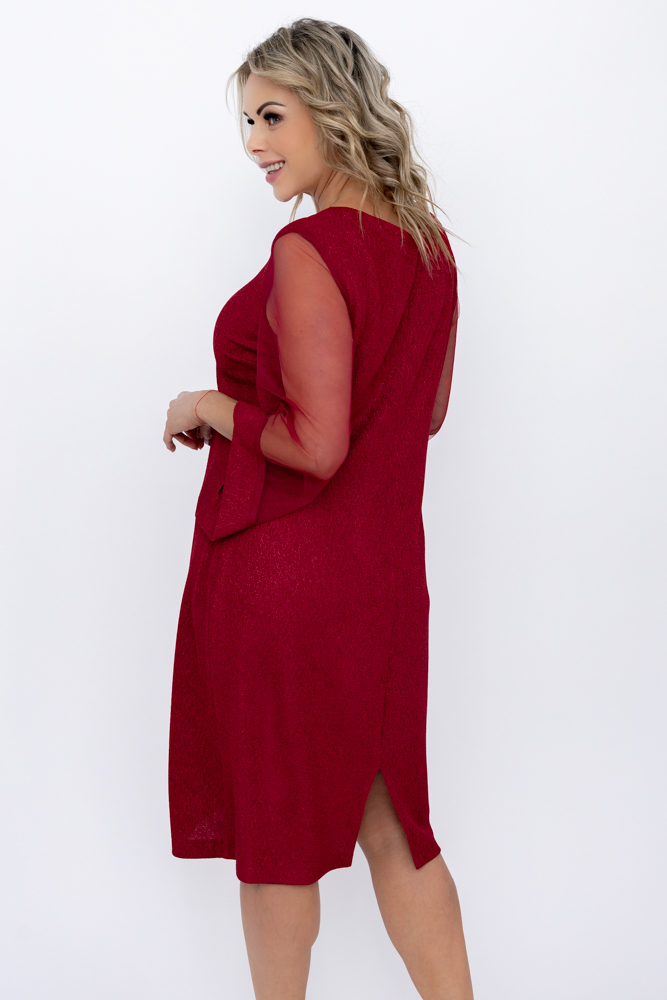 Maroon Glitter Dress with see-through sleeves 