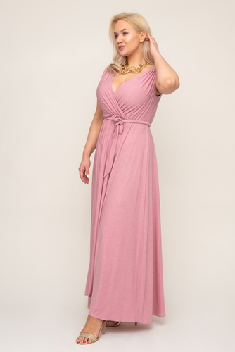 Maxi vestido brocado rosa empolvado con abertura y lazos