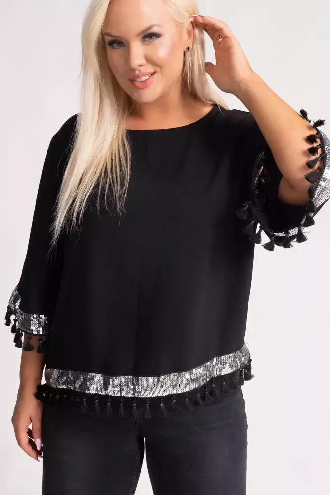 Schwarz-silberne Bluse mit Fransen