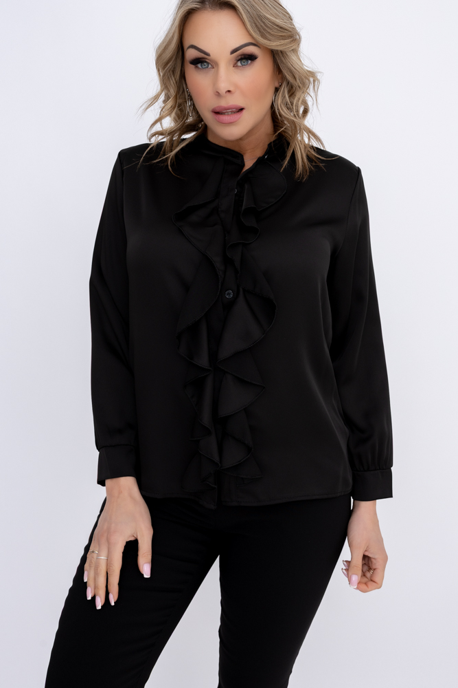 Cămașă neagră din satin cu jabot