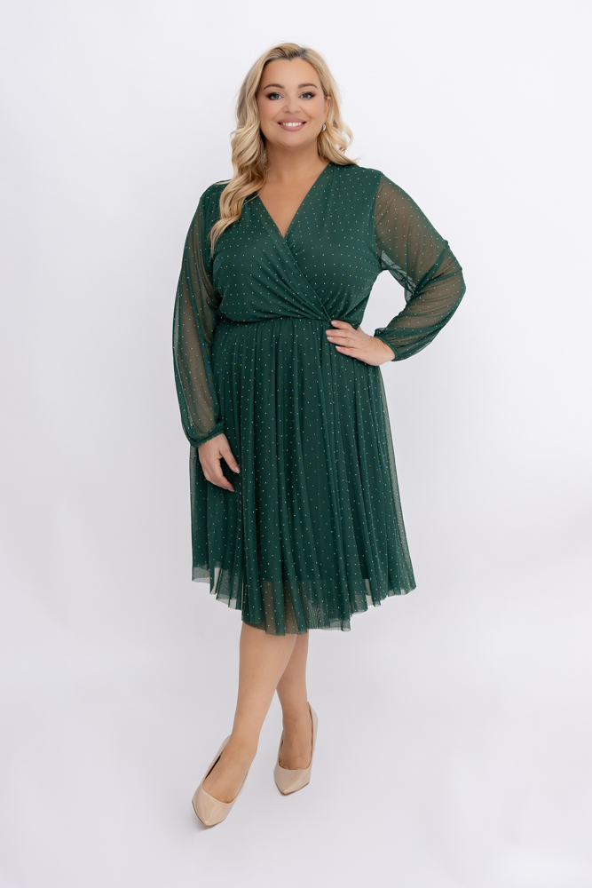 Butelkowozielona Sukienka siateczkowa z dżetami