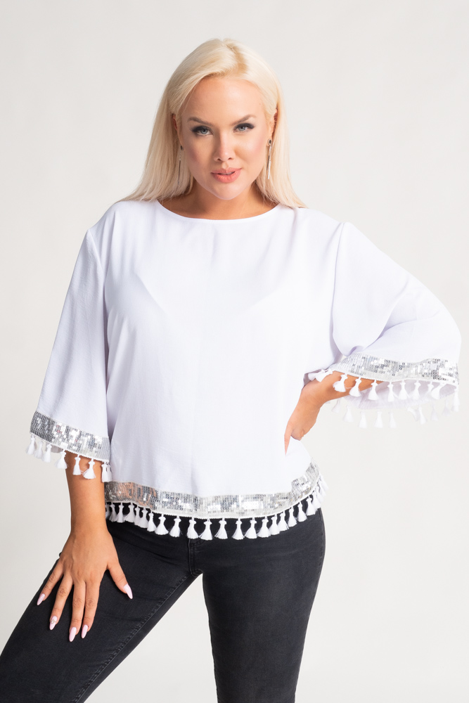 Weiß-silberne Bluse mit Fransen