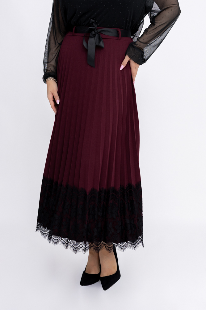 Bordowa Spódnica plisowana z paskiem
