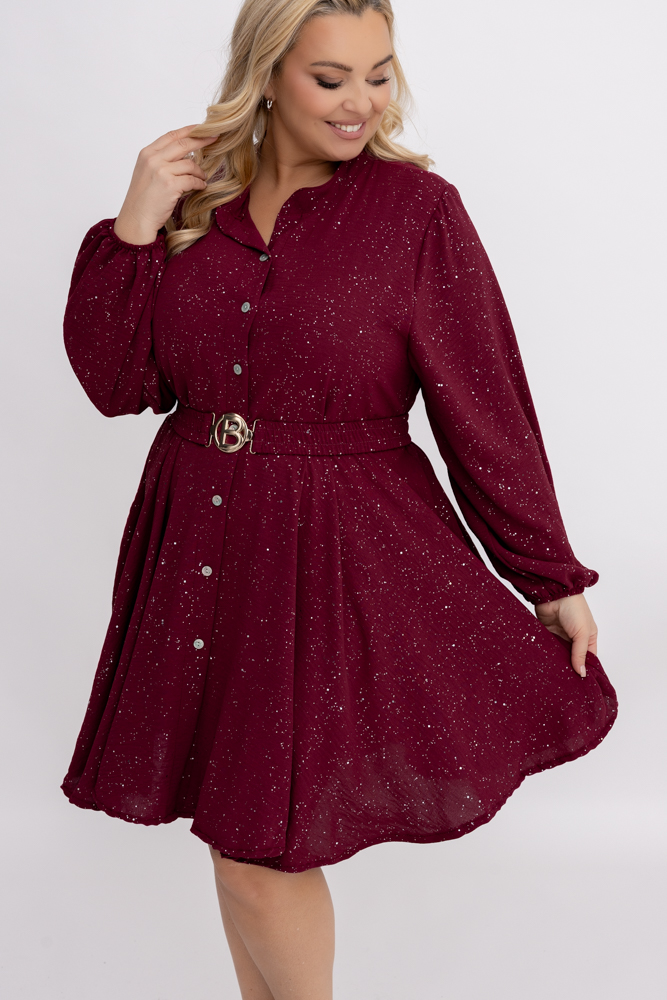 Bordowa błyszcząca Sukienka z paskiem