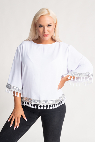 Weiß-silberne Bluse mit Fransen