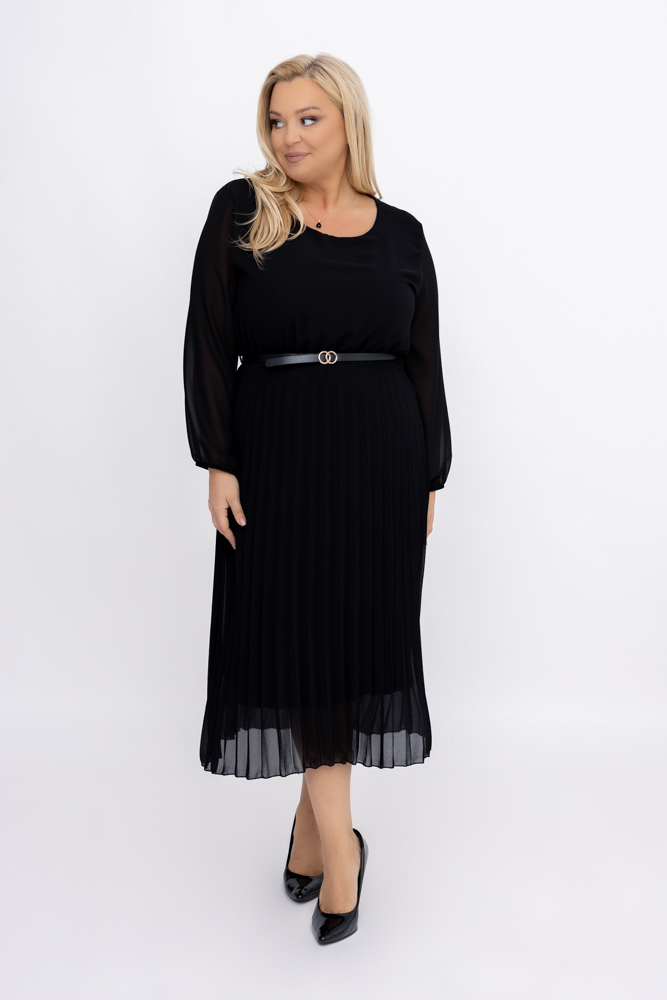 Black Pleated Chiffon Dress with Belt