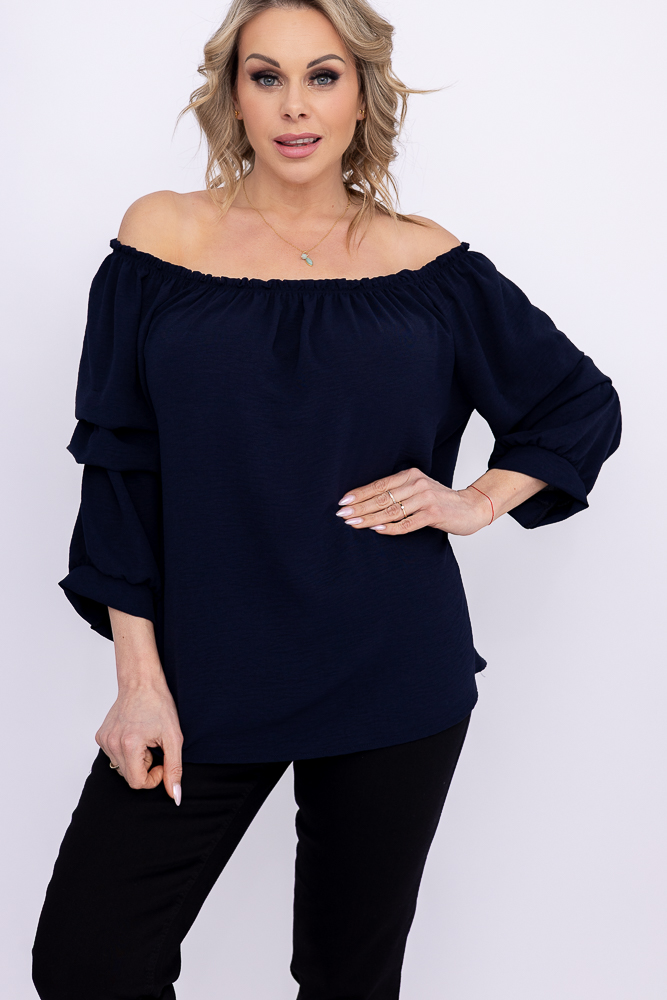 Granatowa Bluzka z marszczonymi rękawami LURIGO