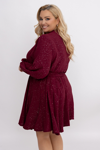 Bordowa błyszcząca Sukienka z paskiem