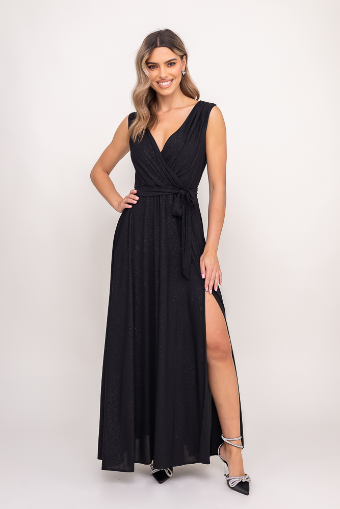 Robe longue en brocart noir avec fente et liens
