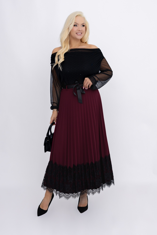 Bordowa Spódnica plisowana z paskiem