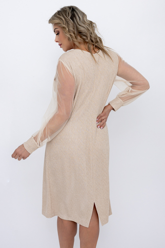 Vestido de purpurina beige claro con mangas transparentes 