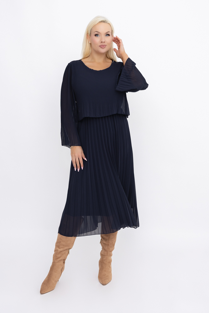 Marineblaues plissiertes Chiffonkleid