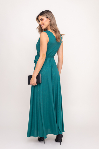Maxi vestido brocado esmeralda con abertura y lazos