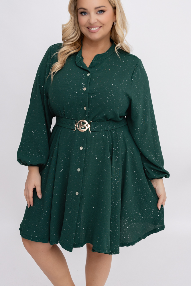 Butelkowozielona błyszcząca Sukienka z paskiem