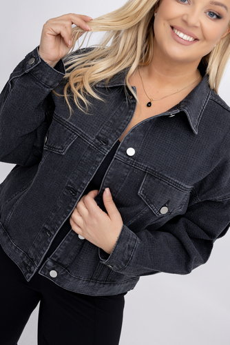 Graphitfarbene Jeansjacke mit Strasssteinen