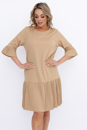 Beigefarbenes Plissee-Rüschen-Kleid