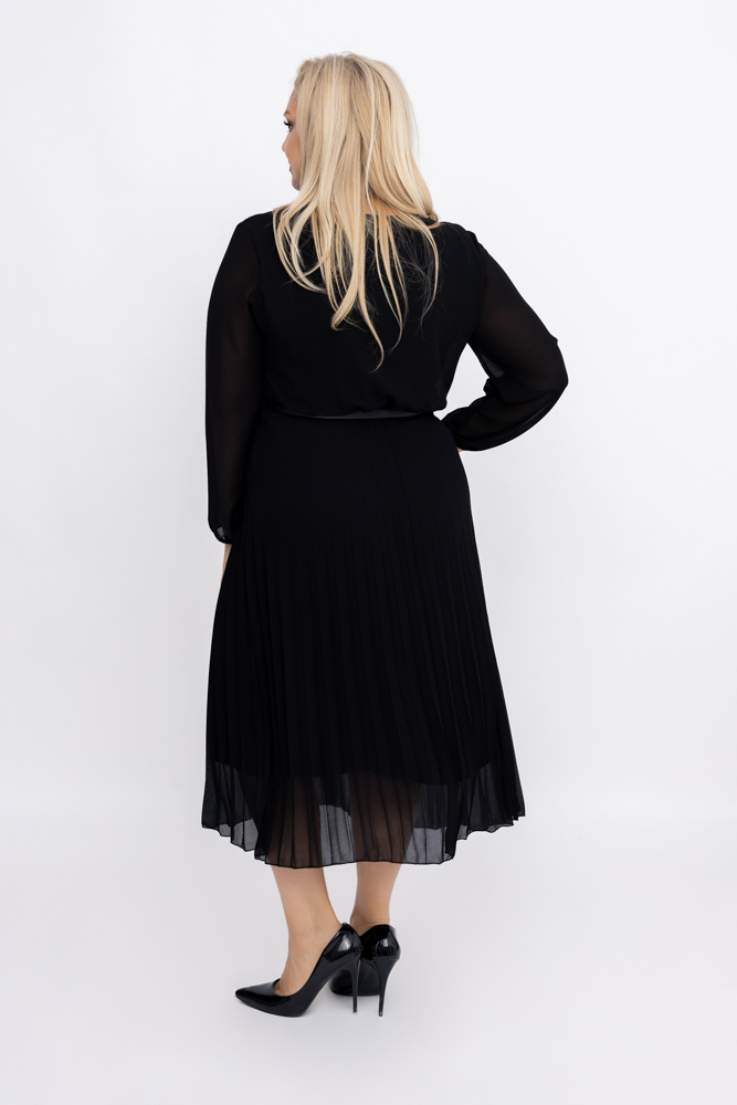 Black Pleated Chiffon Dress with Belt