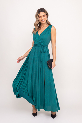 Maxi vestido brocado esmeralda con abertura y lazos