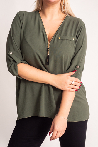 Khakifarbene Bluse mit offenem Ausschnitt