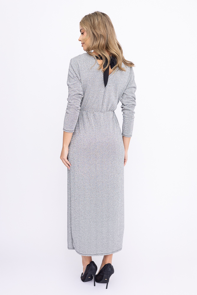 Srebrna Sukienka błyszcząca z kokardką KLIMENO