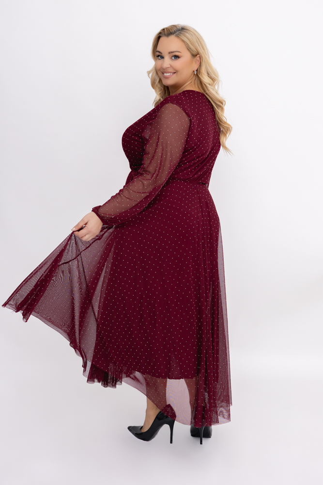 Bordowa Sukienka siateczkowa z dżetami