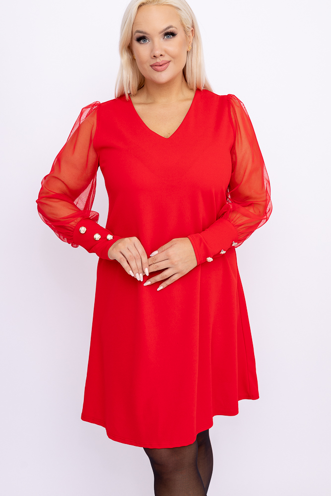 Czerwona Sukienka z prześwitującymi rękawami