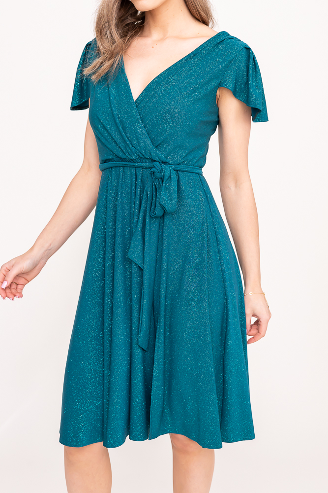 Rochie brocart verde sticlă cu curea