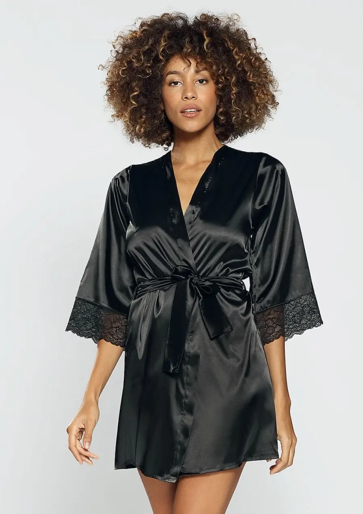 Schwarzer Satin-Bademantel