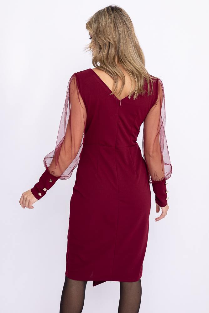 Bordowa Sukienka z prześwitującymi rękawami KENVIRIO