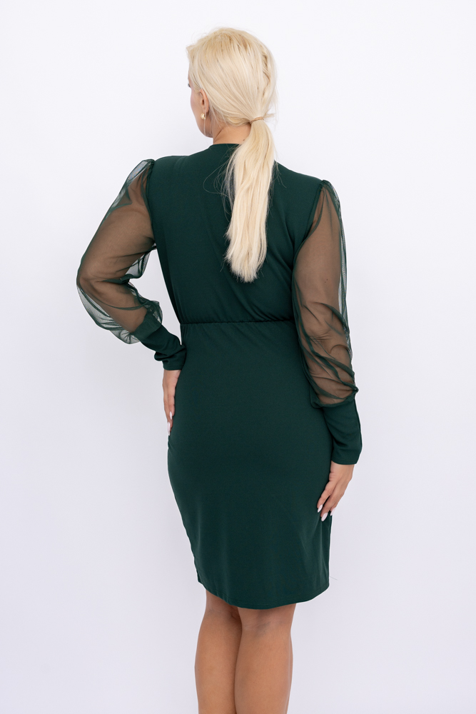  Flaschengrünes Kleid mit durchsichtigen Ärmeln