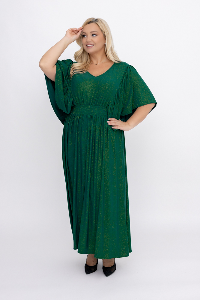 Rochie brocart verde sticlă cu pliuri