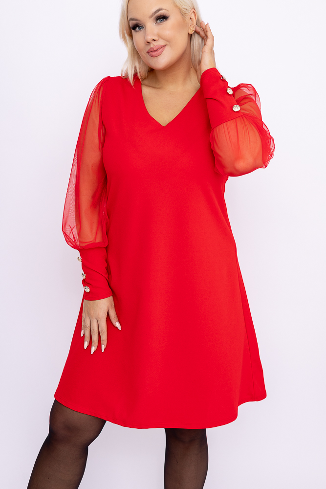 Czerwona Sukienka z prześwitującymi rękawami