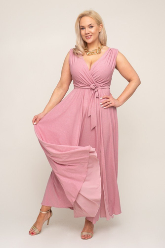 Powder pink brocade maxi dress with slit and binding