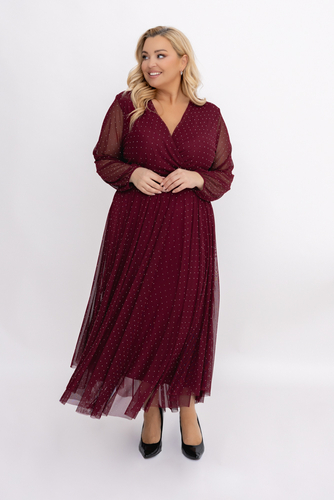 Bordowa Sukienka siateczkowa z dżetami