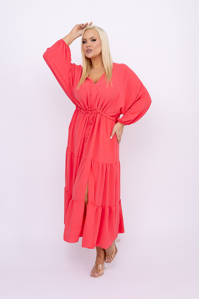 Koralowa Sukienka z rozcięciem TERUMI