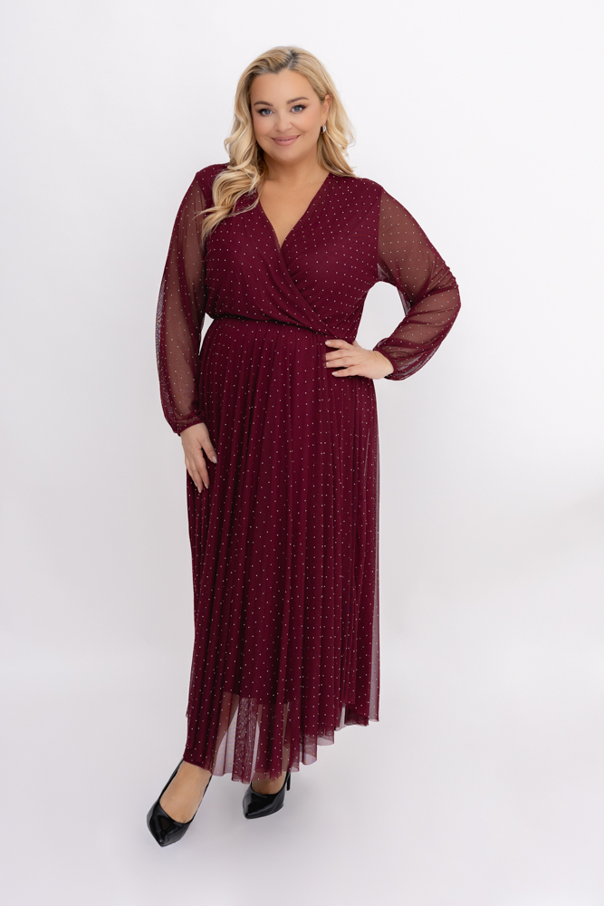Bordowa Sukienka siateczkowa z dżetami