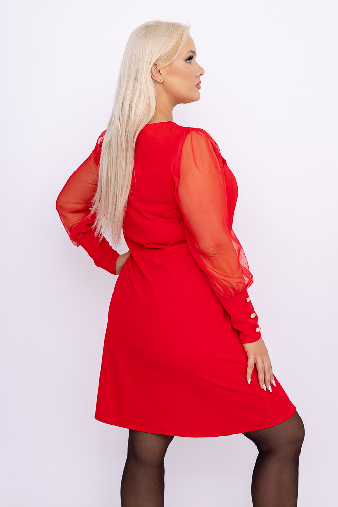Czerwona Sukienka z prześwitującymi rękawami
