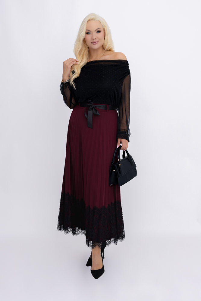 Bordowa Spódnica plisowana z paskiem