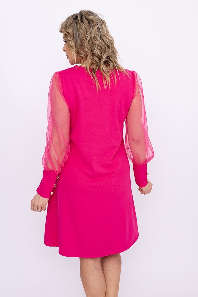 Fuksjowa Sukienka z prześwitującymi rękawami