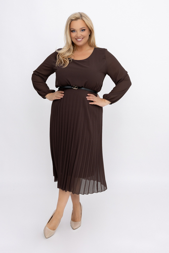 Chocolate pleated chiffon dress with belt