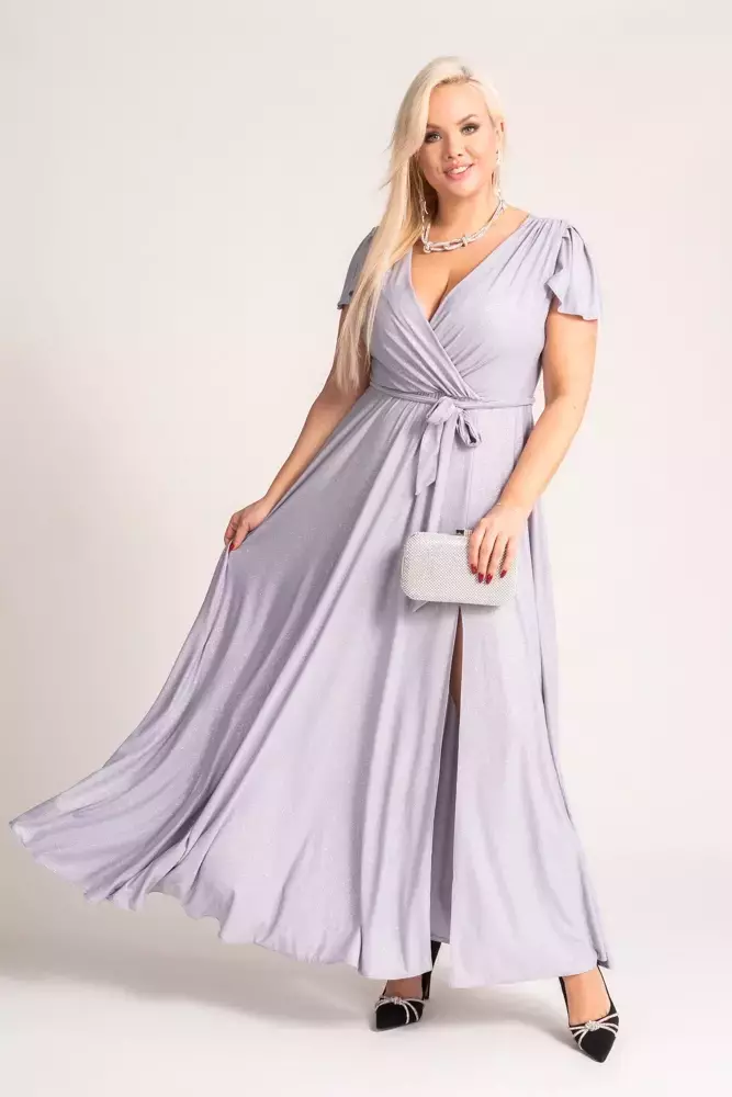 Rochie maxi din brocart argintiu cu tăietură